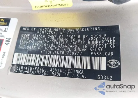 2011 Toyota Camry Le from USA, damaged, VIN 4T1BF3EKXBU750273